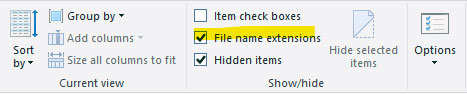 Enabling “File name extensions” on the ribbon's View tab.