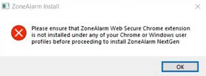 Warning about ZoneAlarm Web Secure Chrome extension.