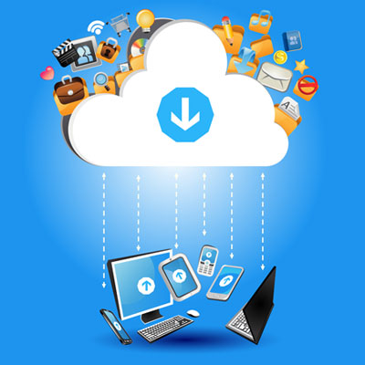 A stylized cloud containing icons for various programs has dotted lines pointing towards various computers, tablets and smart phones.