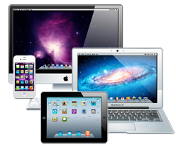 A series of devices with different screen sizes: Apple desktop computer, Apple laptop, Apple iPad, Apple iPhone.