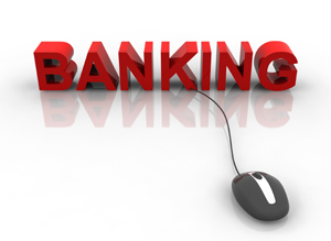 “Banking” in red 3D rendering with a corded mouse in front.