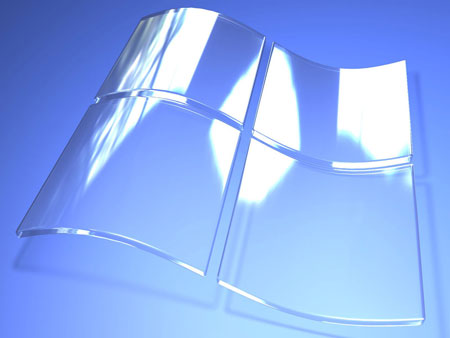 A transparent curved Windows logo sits on a blue background.